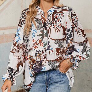 B221 White Boho Print Lantern Sleeve V Neck Blouse